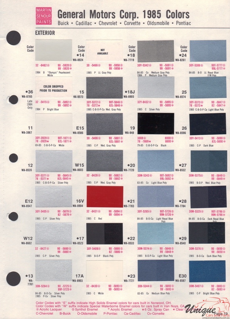 1985 General Motors Paint Charts Martin-Senour 1